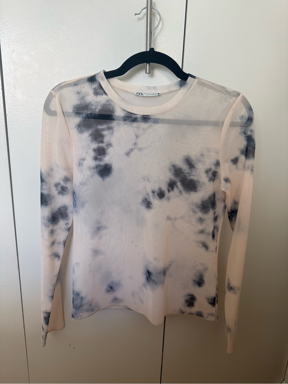 Zara Pale Pink & Navy Tie-Dye Mesh Long Sleeve Top